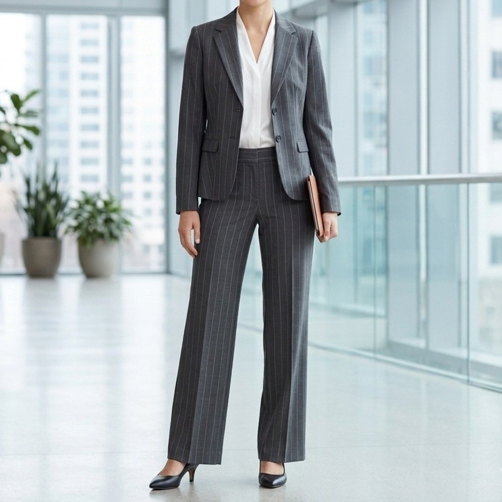 The Limited Women Pinstripe 2 Piece Blazer and Pants Suit Set Size 4 Grey Office